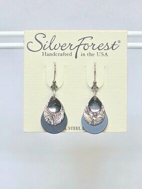 Silver Forest Earrings Silver Filigree on Black Teardrop
